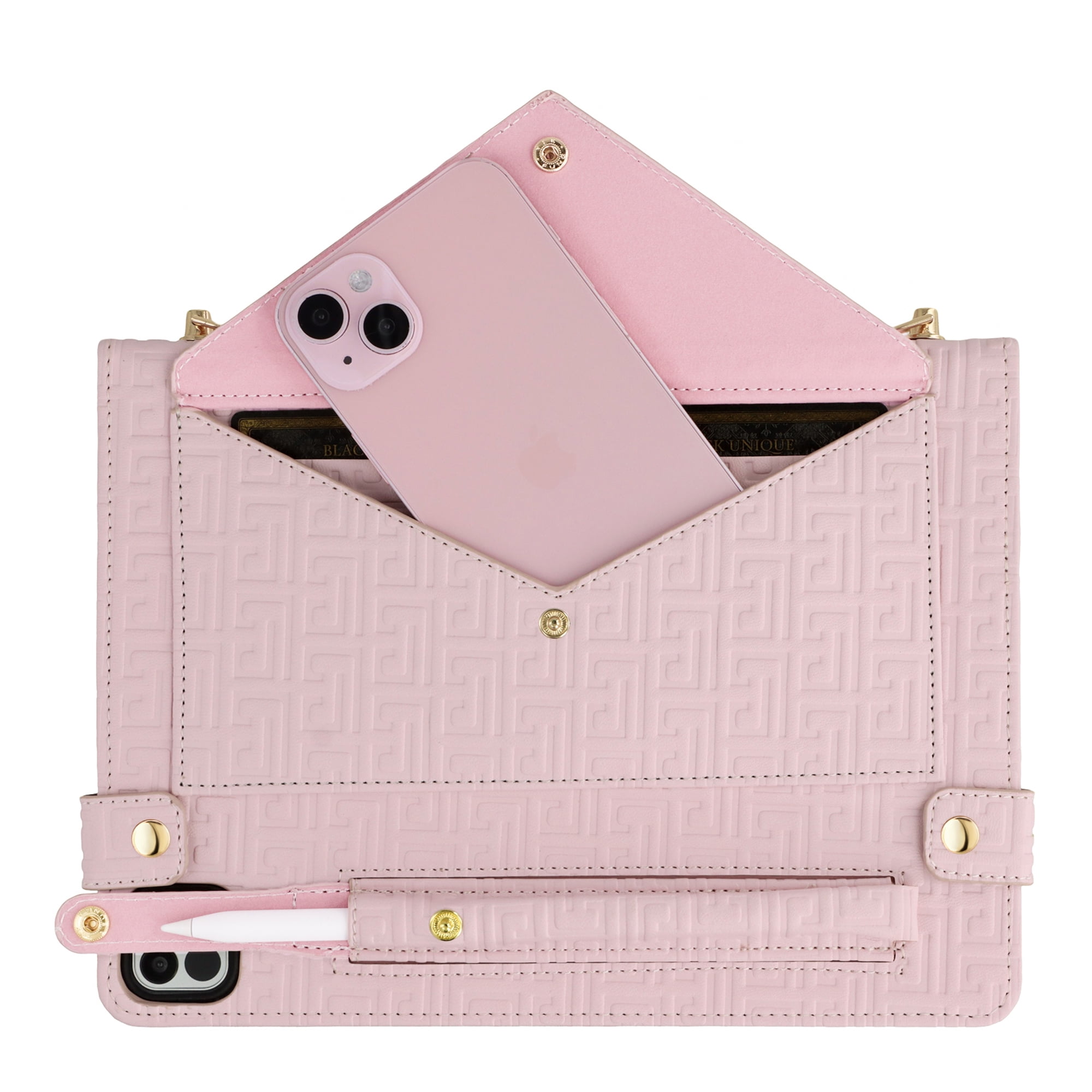 Dteck Case for iPad Pro 13" (M4) 2024, Slim 3D Embossed PU Leather Business Protective Case with Pencil Holder Envelope Pocket Hand Strap Holder Crossbody iPad Case for iPad Pro 13-inch 2024,Pink