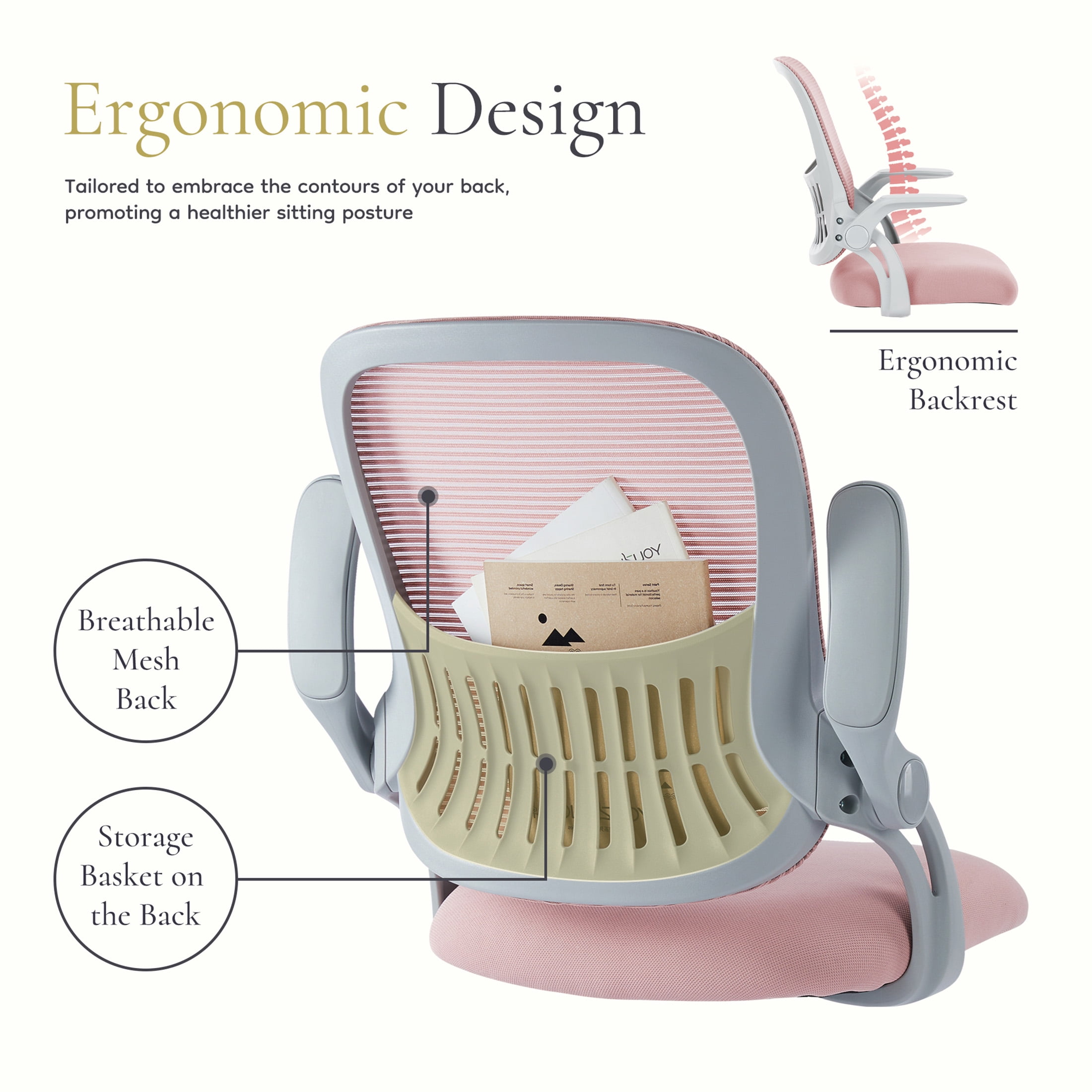 CONCETTA Ergonomic Mesh Office Desk Chair, Adjustable and Flip-up Armrest for Adults, Pink