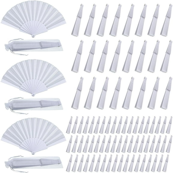 80 Pcs Wedding Folding Hand Fans Bulk Silk Fabric Chinese Handheld Foldable Clack Fans with Plastic Ribs for Party, Wedding Gifts, Line Dancing, Home Decorative (White)