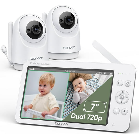 bonoch Baby Monitor with 2 Cameras 7" 720P HD LCD Split Screen Video Audio No WiFi Auto Night Vision