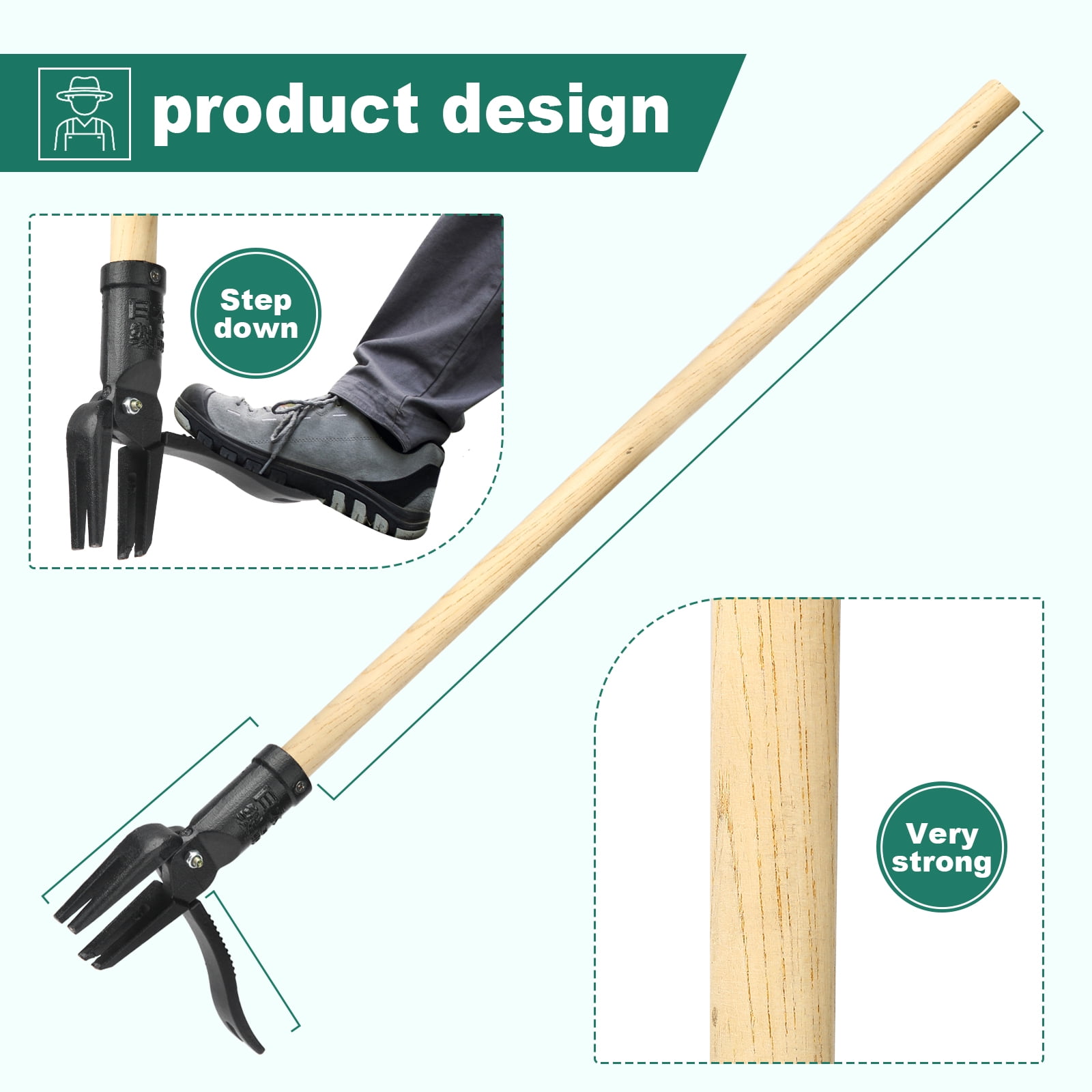 Stand up Weed Puller Tool Heavy Duty Weeding Tool with Long Wooden Handle and 4-Claw Steel Head