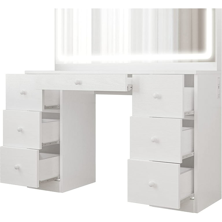 IRONCK Vanity Desk Set with LED Lighted Mirror & Power Outlet, 7 Drawers  Makeup Vanities Dressing Table with Stool, for Bedroom, White 