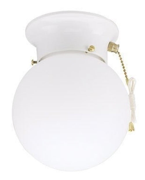 1 Light Flush with Pull Chain White Finish with White Glass Globe