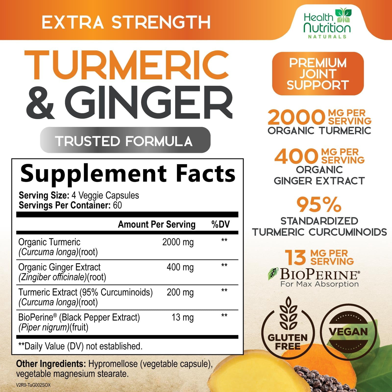 Turmeric Curcumin Supplement - 2200mg Curcumin Complex Per Serving - 95% Curcuminoids, Organic Ginger & BioPerine Black Pepper for Best Absorption & Joint Support, Bottled in USA - 240 Capsules