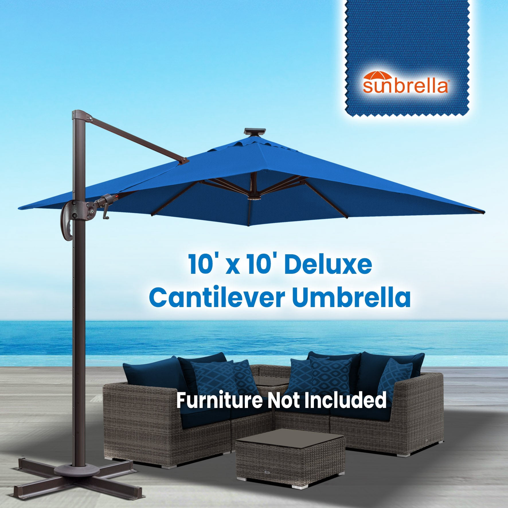 SUNRISEUMBRELLA Square 10'x10' Deluxe Roma square cantilever umbrella, With solar LED light(Blue)