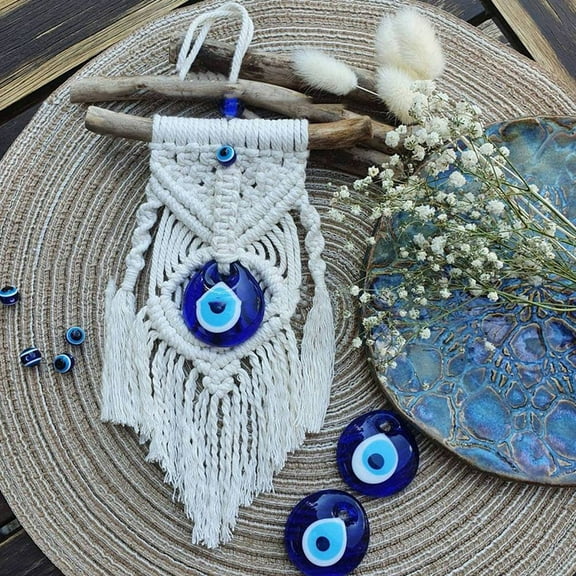 Cotton and Linen Cord Macrame Woven Tassel Wall Hanging Glass Evil Eye Hanging Ornament with Wood Sticks for Home Decoration White 300x120mm