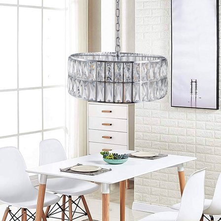 18" Chrome Modern Crystal Drum Chandelier, 6-Light Pendant Lighting Fixture with Metal Frame for Living Room, Dining Room, and Bedroom (Bulbs Not Included)