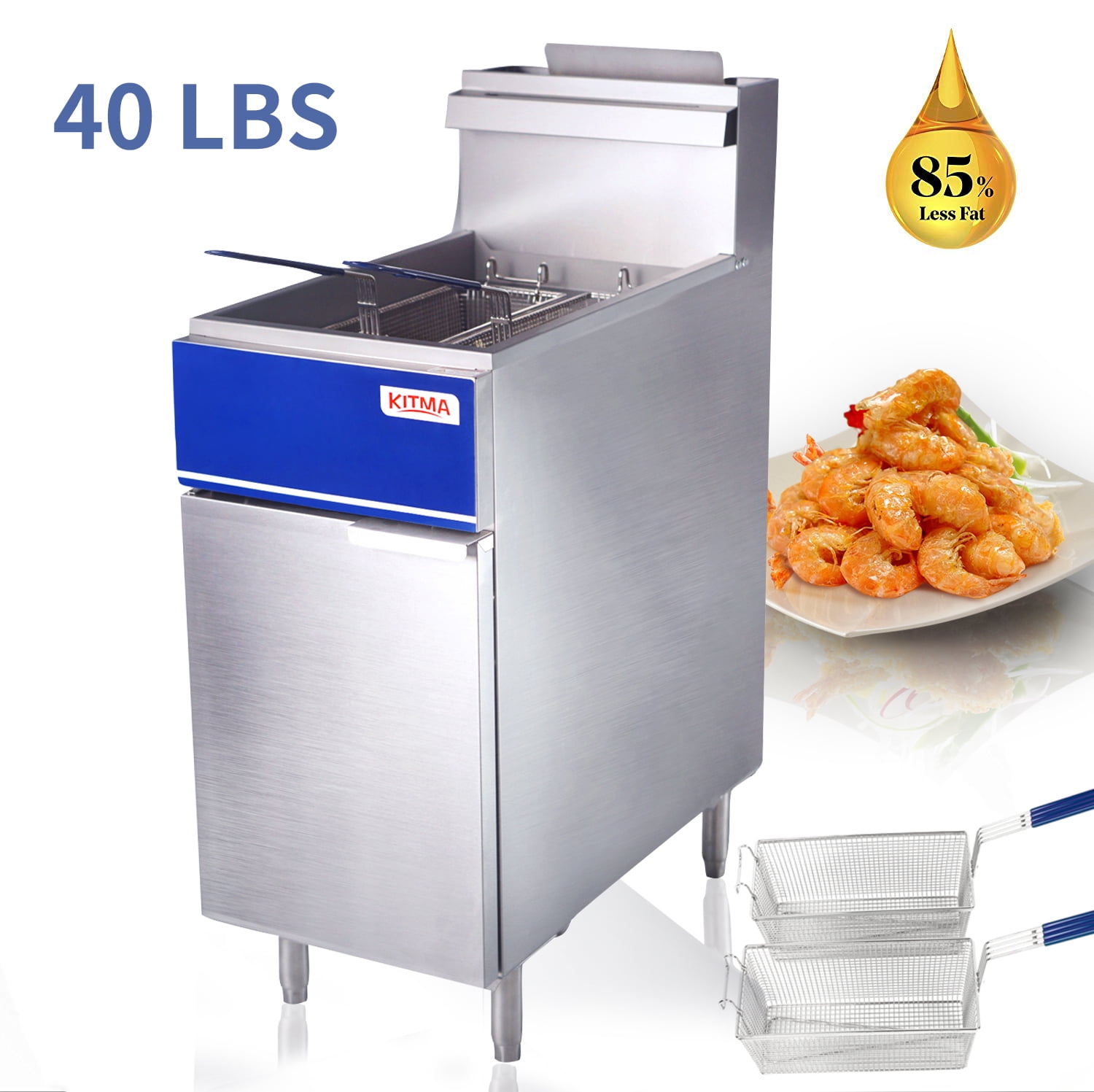 Commercial Deep Fryer, 40 lb. Natural Gas Fryer with 2 Fryer Baskets, 3