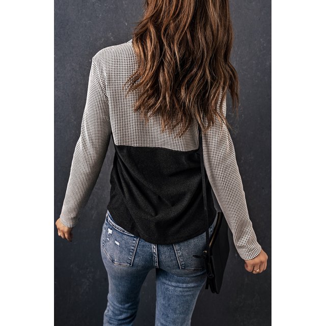 ABPHQTO Sudadera de mujer color block con cordón ajustable en el cuello vuelto gris