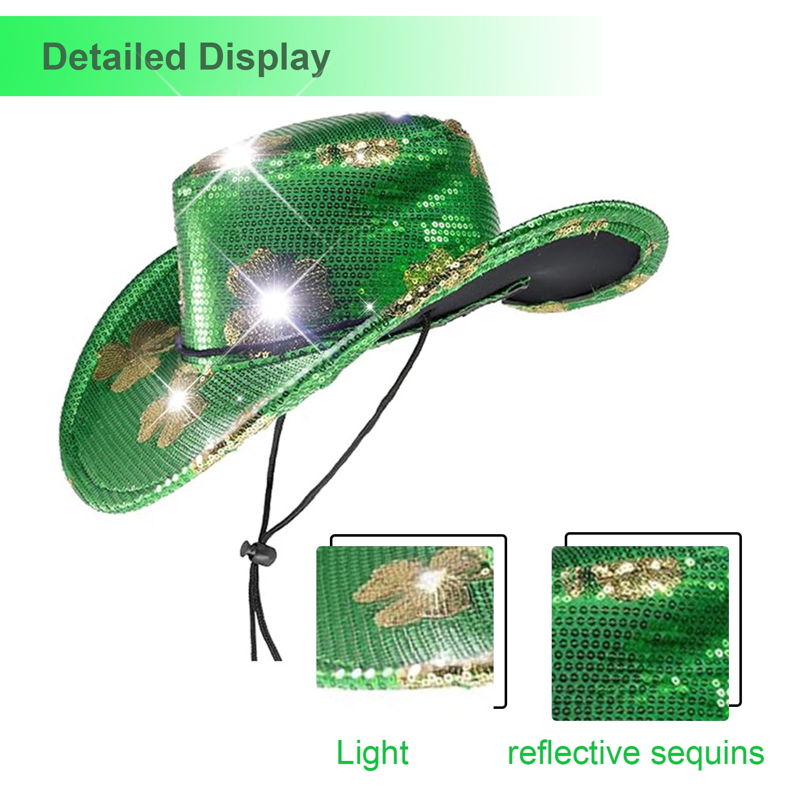 7879 Green Led Light Up Sequin Cowboy Hat - Unisex For St Patricks Day LED Green Sequin Shamrock Cowboy Hat – Light Up St. Patrick  main image 4