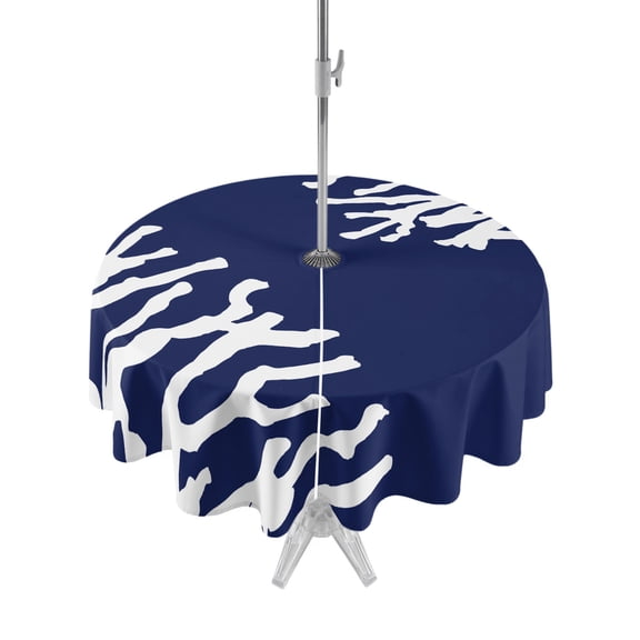 Outdoor Tablecloth with Umbrella Hole, Coral Navy Blue Spillproof Waterproof Outdoor Table Cover, Coastal Ocean Marine Nautical Beach Patio Tablecloths for Party/Garden/Picnic, Round 54 inch