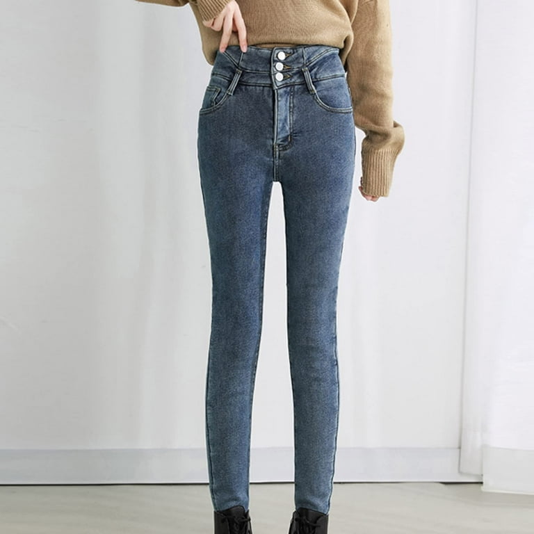 Yyeselk Women's Fleece Lined Jeans for Women Winter Warm Flannel