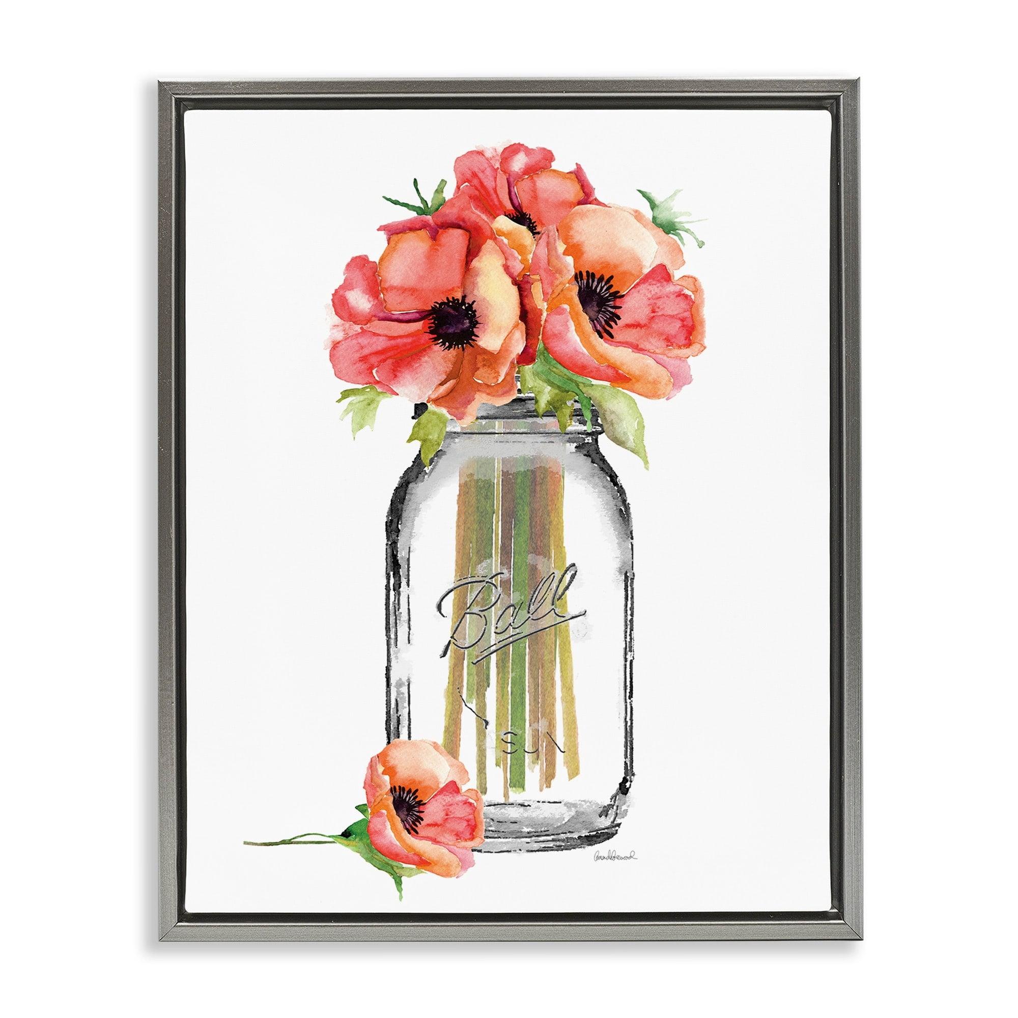 Stupell Industries Mason Jar Poppys Luster Gray Framed Floating Canvas Wall Art, 24x30, by Amanda Greenwood
