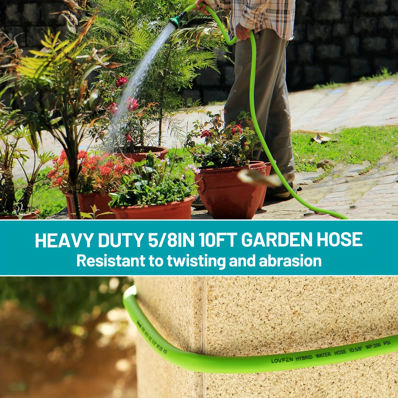 LOVFEN Heavy Duty Garden Hose - 5/8 Inch Swivel Fitting, 600 PSI Burst, Quick Connect US Threads (25/50/75/100/150ft)