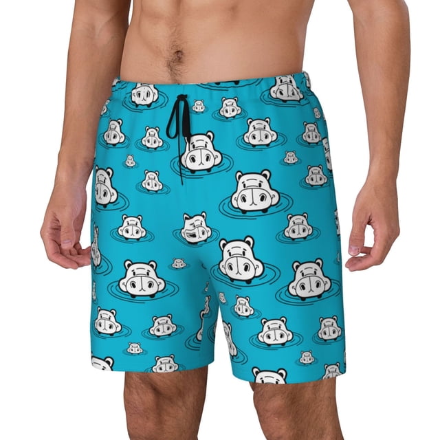 Kdxio Hippo In Water Head Print Mens Swim Shorts with Mesh Lining, Breathable and Quick-Drying, Adjustable Waist, Privacy Pocket-XX-Large