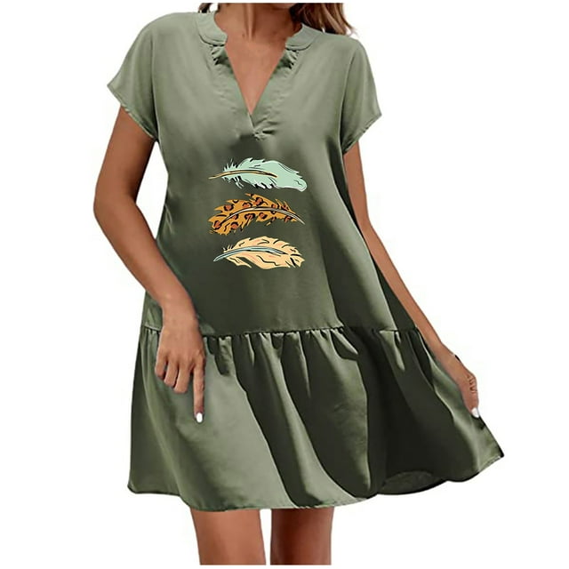 Vestido de falda corta de lino y algodón con estampado de manga corta y cuello en V de moda sexy informal para mujer Pompotops ghjkhdj17313
