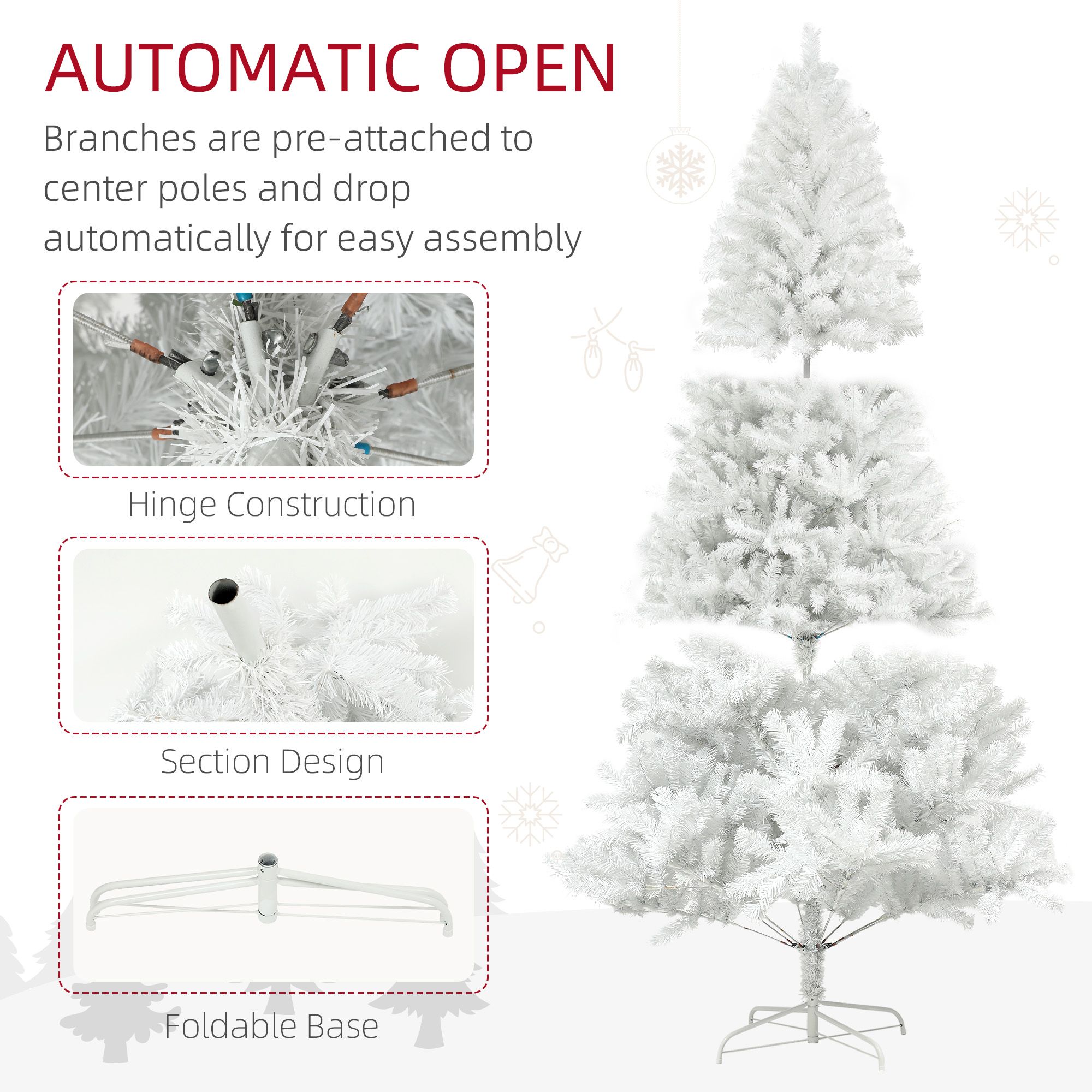 Unlit Artificial Christmas Tree, 7.5 ft Faux Holiday Tree with 1346 Branch Tips, Auto Open Hinged Sections and Steel Base for Indoor Home Decor