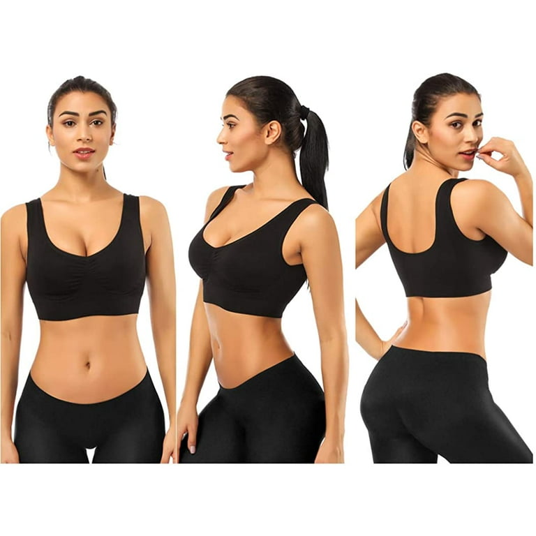 3 Pack Sports Bras for Women,Seamless Comfortable Bras Set with Removable  Pads for Sleep,Pull on Closure Plus Size,Black+White+Nude,3XL