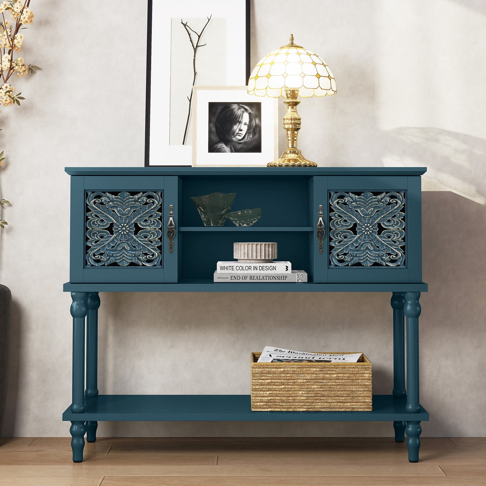 HLR Modern 42" Console Table with Storage, Entryway Table Wood Behind Couch with Shelves for Living Room, Blue