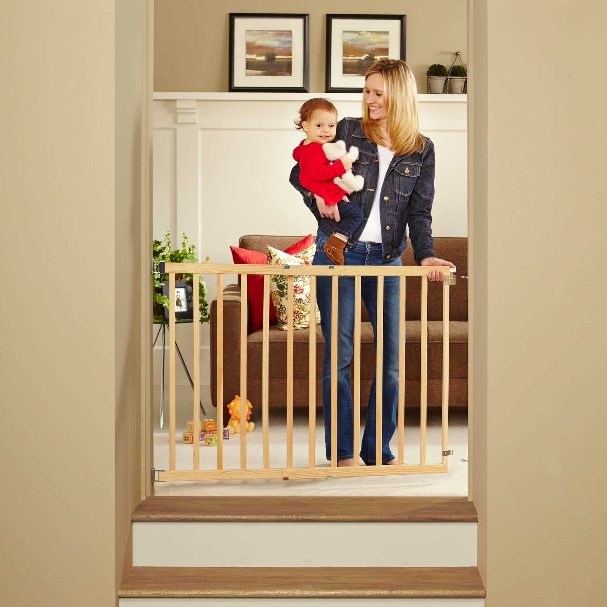 Natural Wood Stairway Swing Baby Gate Walk Through Door Wide Fence Natural Wood Stairway Swing Baby Gate Walk Through Door Wide Fence 28 42 In