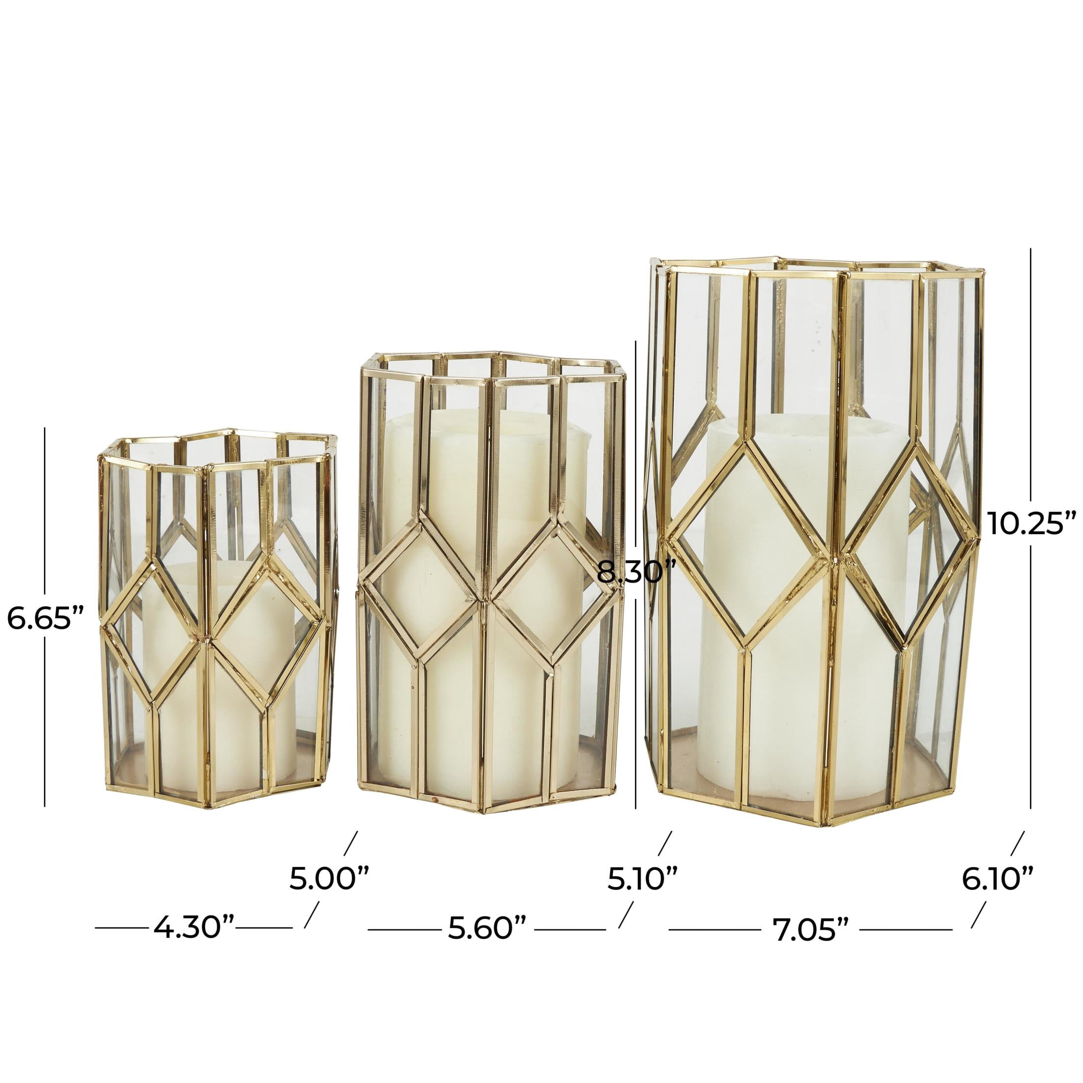 CosmoLiving by Cosmopolitan 3 Holder Gold Metal Geometric Diamond Patterned Hexagon Candle Lantern with Clear Glass, Set of 3