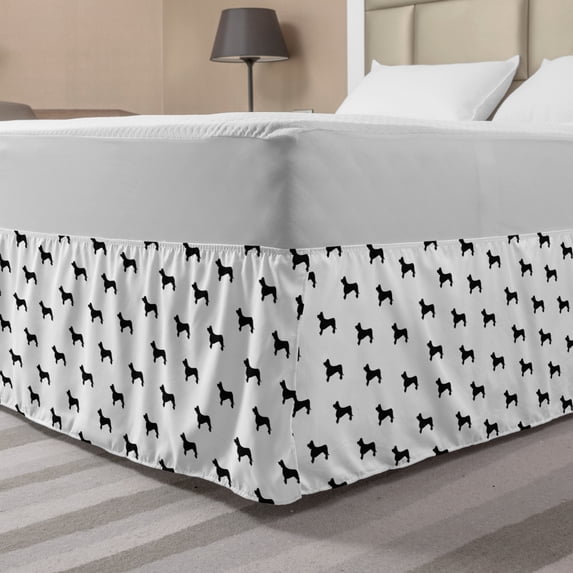 Dog Lover Bed Skirt, Monochrome Dachshund Silhouettes Breed Dog Domestic Canine Pattern Active Pet, Elastic Bedskirt Dust Ruffle Wrap Around for Bedding Decor, 4 Sizes, Black White, by Ambesonne