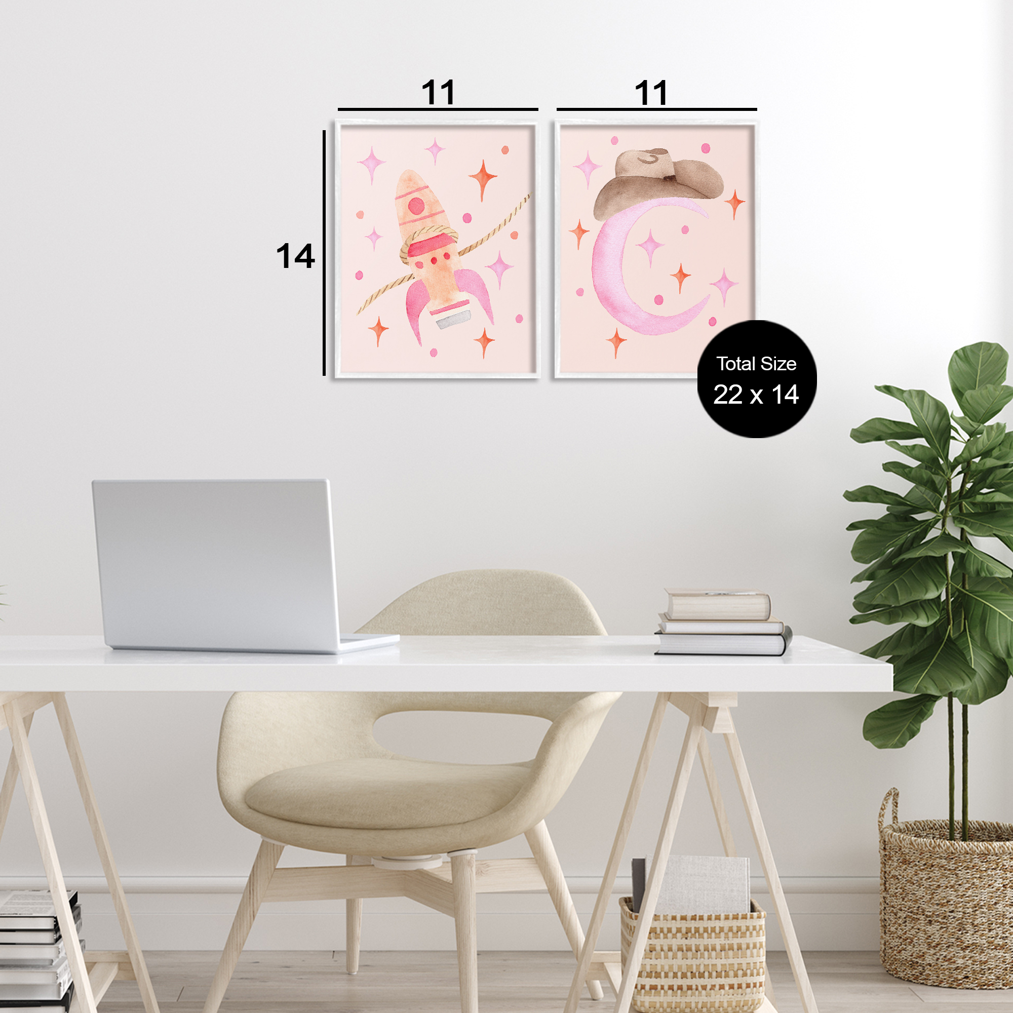Space Cowgirl Rocket Ship 2 Piece White Framed Giclee Art Set, design by Nina Jacobs