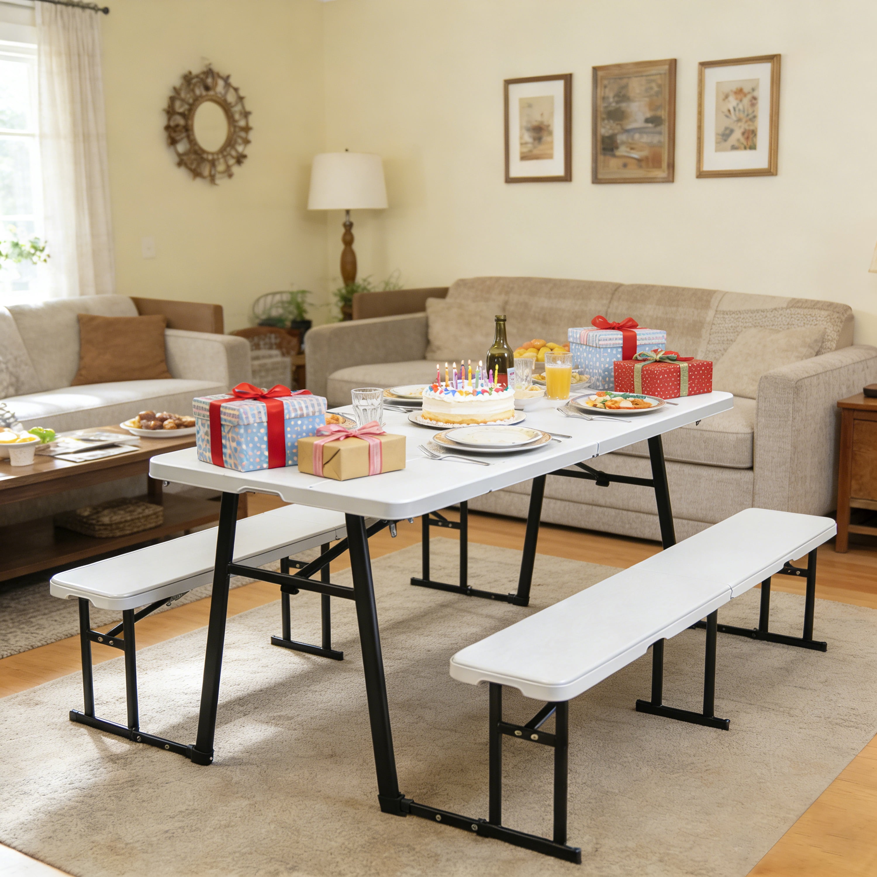 Living and More 3-Piece Picnic Table Set, 6 Foot Polyethylene Folding Table with 2 Folding Benches, Weather Resistant, Indoor Outdoor, White Wood Finish with Black Legs