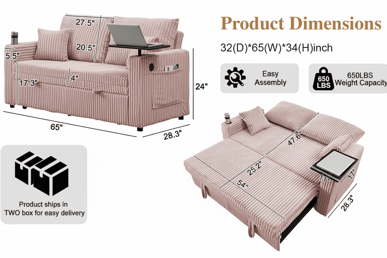 Vinform Sofa Bed with Pull Out Couch, 65" Convertible 3-in-1 Sleeper Sofa Bed for Living Room Small Space, Corduroy (Pink)