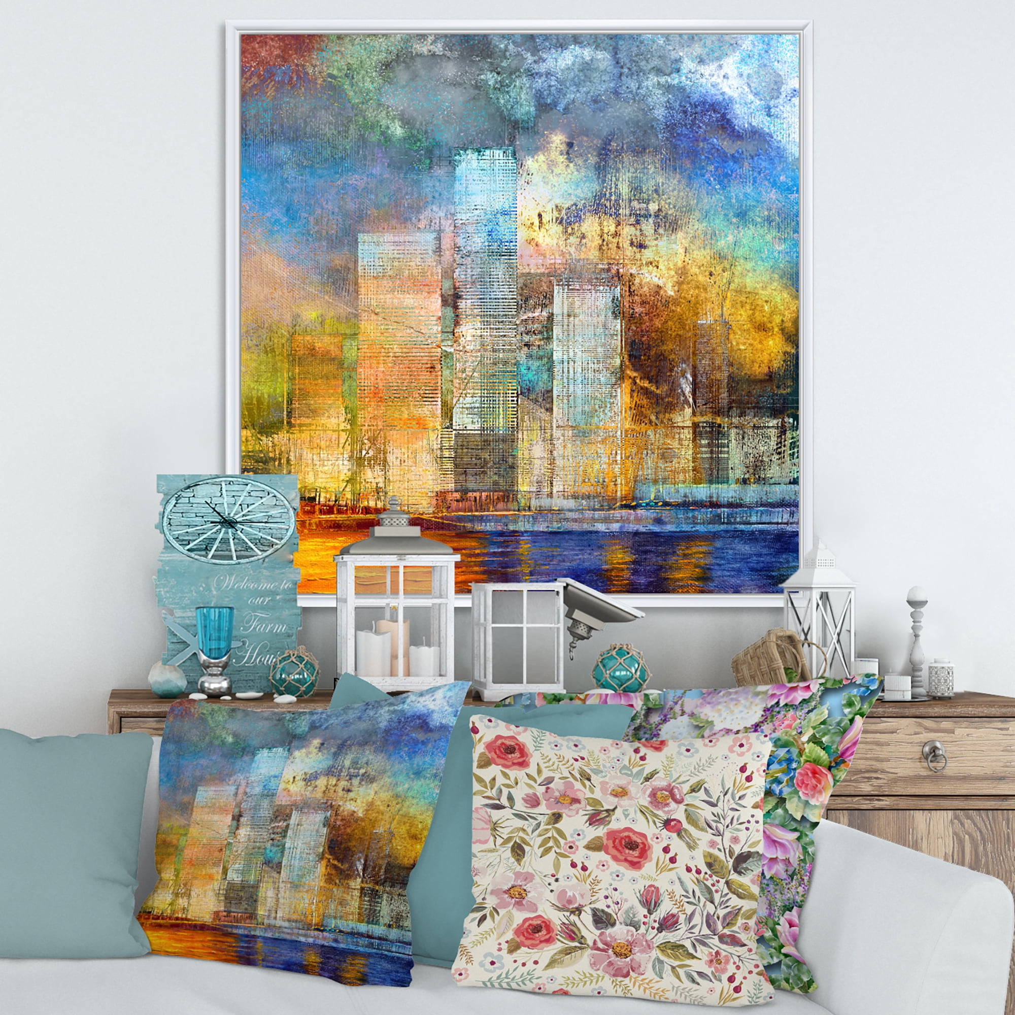 Designart 'Skypscrapers In Futuristic City' Modern Framed Canvas Wall Art Print