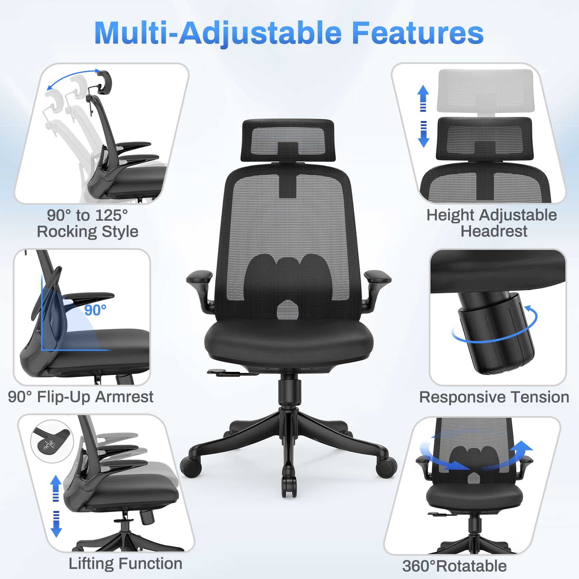 GCP Products Ergonomic Office Chair Mesh Desk Chair Back Lumbar And Head  Support