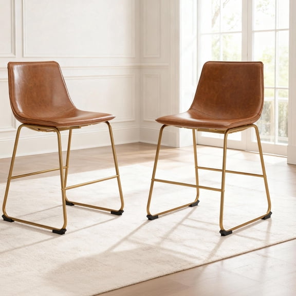 Signature Design by Ashley Lexadine Dining Upholstered Side Chairs, Set of 2, Brown Faux Leather Seats with Gold-Tone Metal Frame