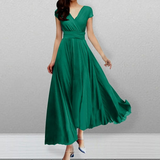 Puntoco Vestido De Manga Corta Con Cuello En V, Vestido De Noche Con Cintura De Color Liso De Verano Para Mujer Verde Xl