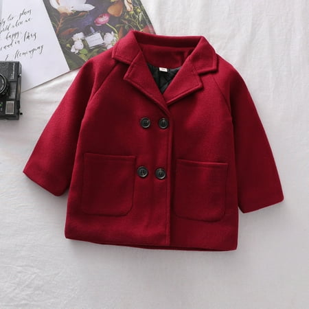 

HAOTAGS Girls Dress Coat Kids Peacoat Jacket Long Sleeve Button Trench Coat Pocket Outerwear Red Size 5-6 Years