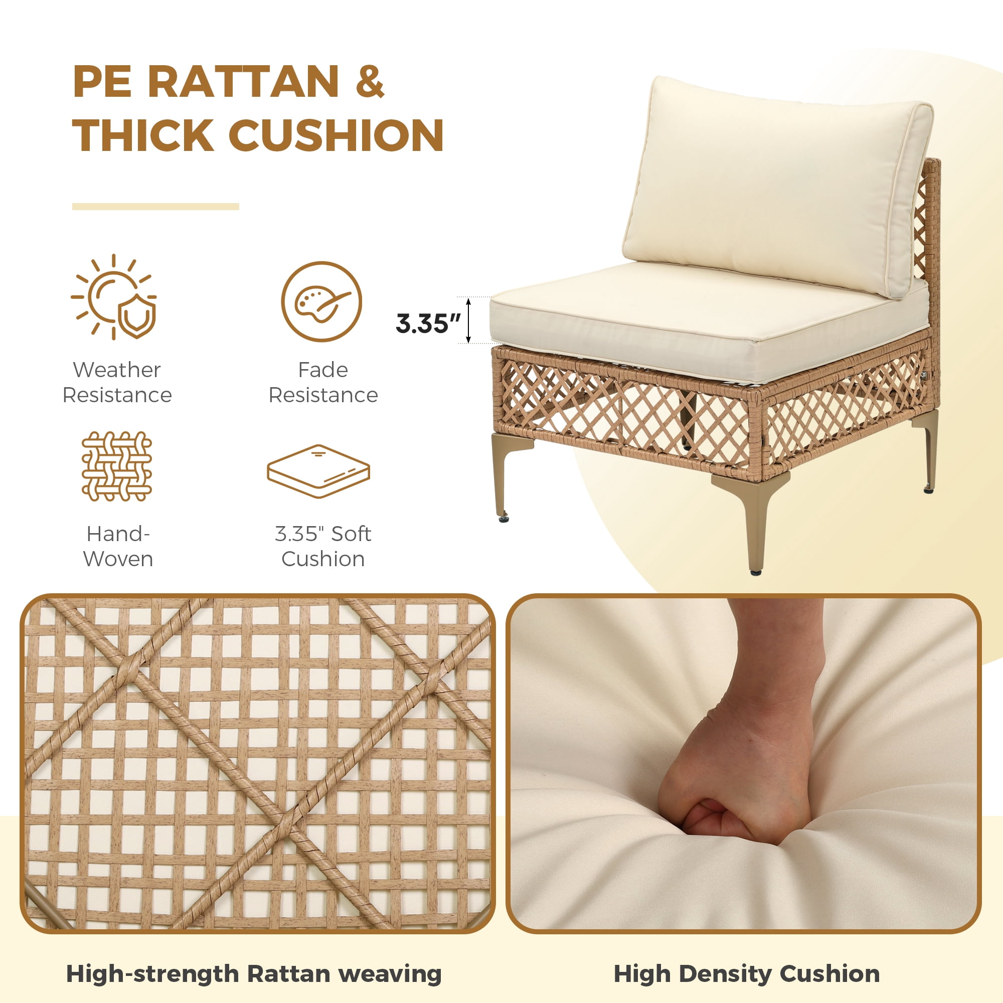 FHFO 7-Piece Patio Furniture with Tea Table,Rattan Wicker Outdoor Sectional Furniture Sofa Conversation Set,Bohemian Style Courtyard Dialogue Set, for Backyard Poolside Porch Garden, Yellow/Beige
