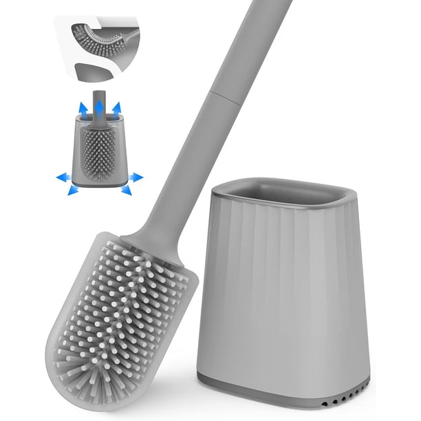 Juego de escobilla y soporte para inodoro, escobilla de silicona multifuncional, base a prueba de fugas, mango largo antideslizante, soporte de montaje en suelo y pared, soporte de secado rápido sin