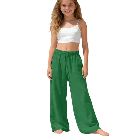 Hudaneo Girls Linen Pants Wide Leg Pants Elastic Waist Casual Lightweight Flowy Palazzo Pant Loose Fit School Beach Lounge Trousers, Green 8-9 Years