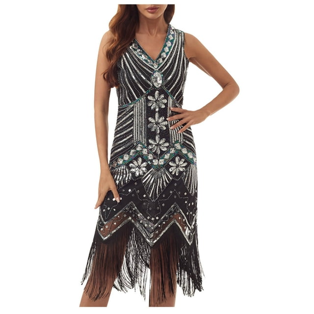 EGNMCR Robes de Soirée pour Femmes, Robes Formelles pour Femmes, Robe à Col Rond Sans Manches à Paillettes avec Franges et Pompons pour le Printemps et l'Été pour Femmes, Robe de Fête, Banquet, Danse, Robe Courte, Robe pour Femmes
