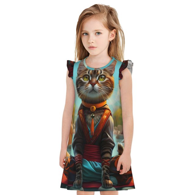 Fotbe Riverside Meditating Cat Vestido de Dormir para Niñas de 3 a 10 Años, Mangas Cortas, Estilo Princesa, Pijama Camisón con Mangas Voladas-Medium