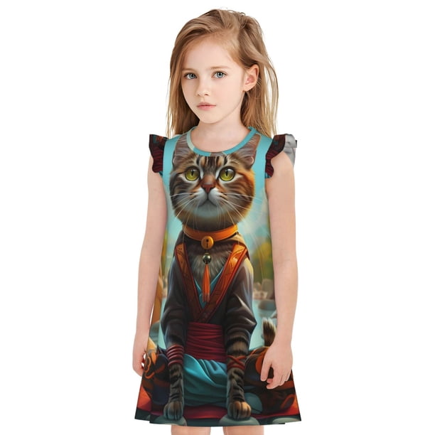 Fotbe Riverside Meditating Cat Vestido de Dormir para Niñas de 3 a 10 Años, Mangas Cortas, Estilo Princesa, Pijama Camisón con Mangas Voladas-X-Large
