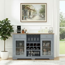 56" Farmhouse Bar Cabinet, Liquor Cabinet with Wine and Glass Rack, Buffet Cabinet with 2 Drawers and Glass Door, Coffee Bar for Kitchen, Dining Room, Light Blue