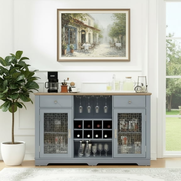 56" Farmhouse Bar Cabinet, Liquor Cabinet with Wine and Glass Rack, Buffet Cabinet with 2 Drawers and Glass Door, Coffee Bar for Kitchen, Dining Room, Light Blue