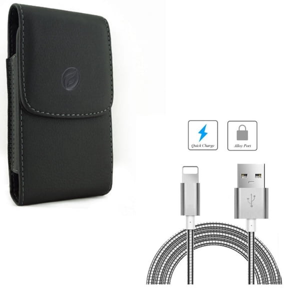 Leather Case Belt Clip w 6ft Metal USB Cable for iPhone XS Max/8 PLUS/7 Plus/6S Plus/6 Plus - Holster Cover Pouch Vertical Carry and Charger Cord Power Wire Long Sync