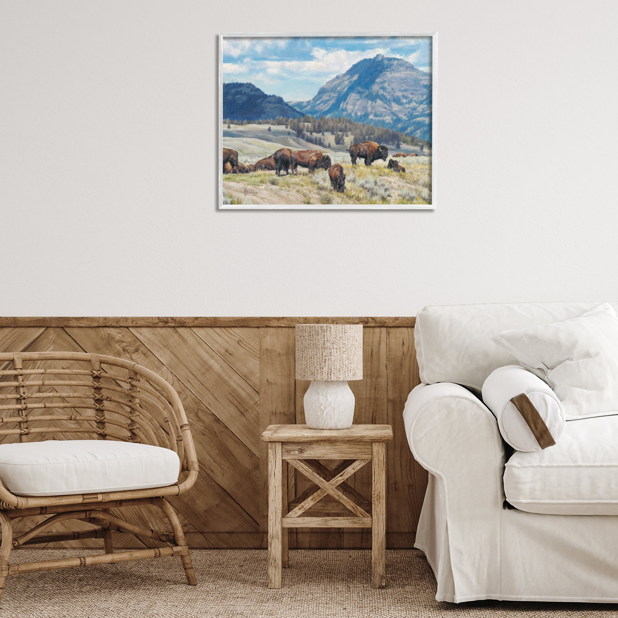 Stupell Industries Sunny Afternoon Bison Landscape Painting White Framed Art Print Wall Art, 30 x 24