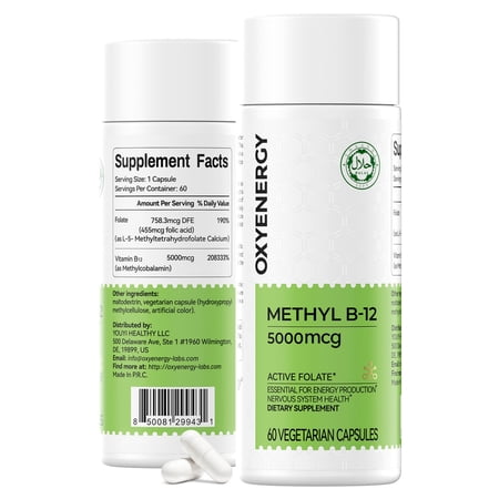 OxyEnergy Methyl Vitamin B12 5000mcg Dietary Supplement with Folate, Nerve & Energy Support, 60 Capsules