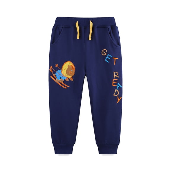 SJLDQY Boys Sweatpants Fall Winter Fleece lined Joggers Cute Embroidery Elastic Waist Drawstring Casual Trousers