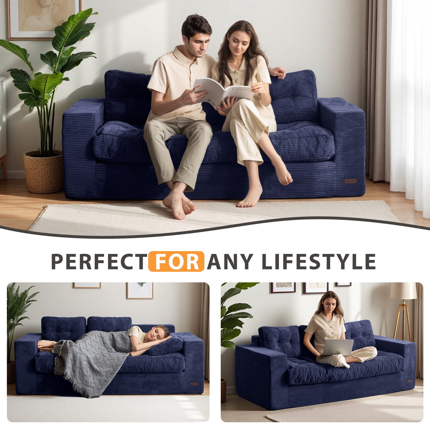 BYBYME 3 Seater Couch with Tufted Cushion & Backrest,Corduroy Floor Sofa with Armrests for Living Room Bedroom Office,Sofa in A Box,No Assembly Required,Navy