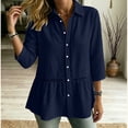 thumbnail image 3 of AKOEE Linen Button Up Shirts for Women with Lace Details 3/4 Sleeve Lapel Collar Loose Casual Summer Blouses (S, Navy), 3 of 6