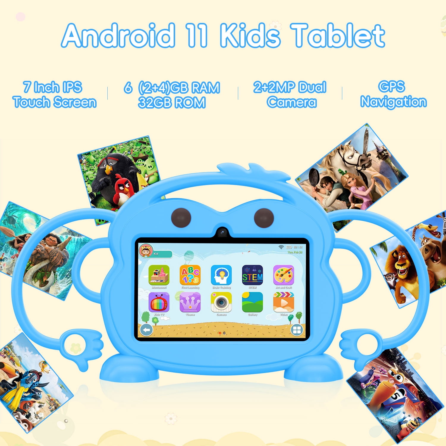 Kids Tablet, 7 inch Android Tablet for Kids, 6GB RAM 32GB ROM Quad-Core Toddler Tablet with Shockproof Case, Bluetooth, WiFi, Parental Control, 2MP+2MP Dual Camera, GPS, Games