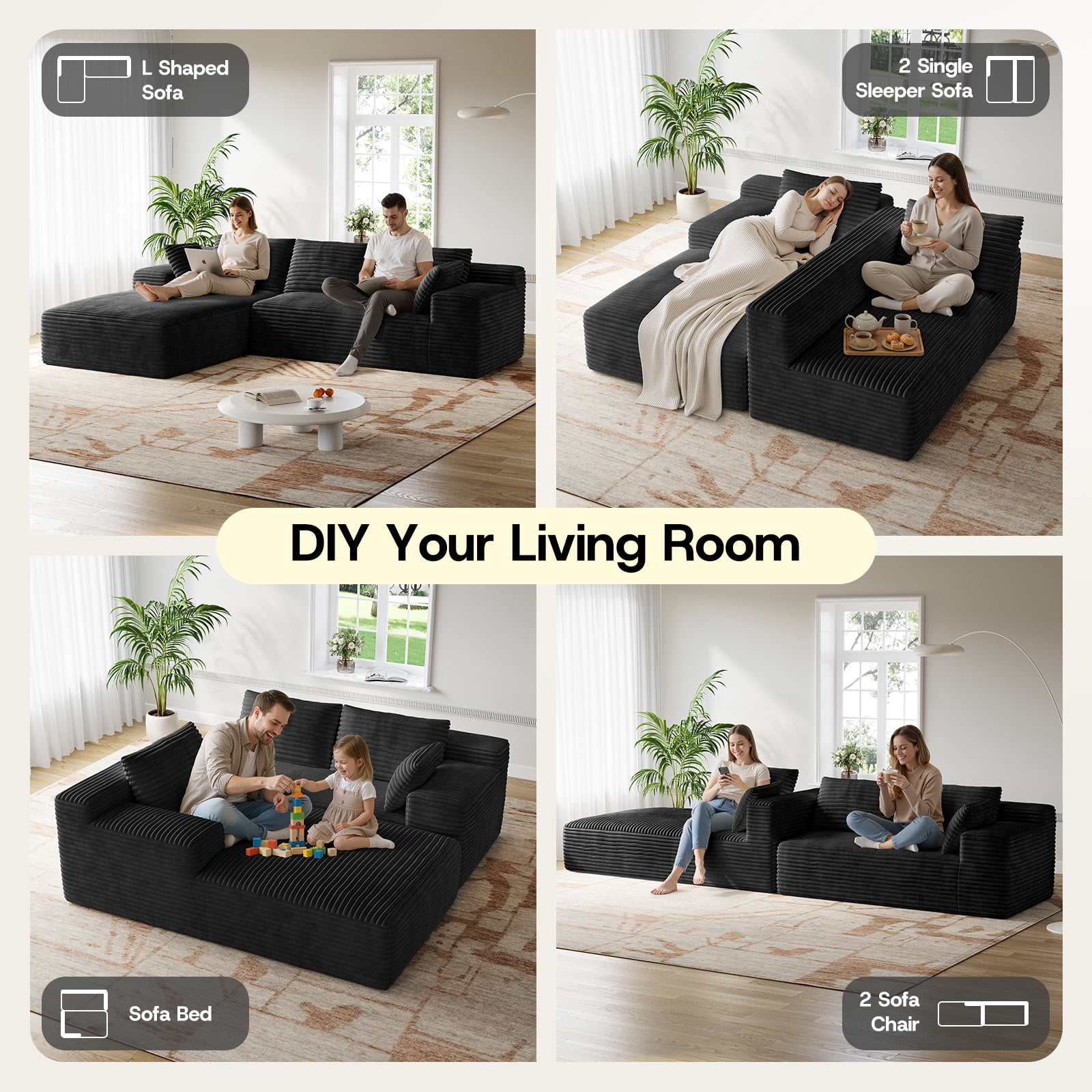 Patbrela 106" Sectional Couch for Living Room, L-Shaped Boneless Cloud Couch Corduroy Modern Sectional Sofa with Deep Seat and Thickened Cushion, No Assembly Required, Black